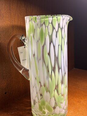 Amell Studio Art Glass Pitcher Green White Confetti Hand Blown Style